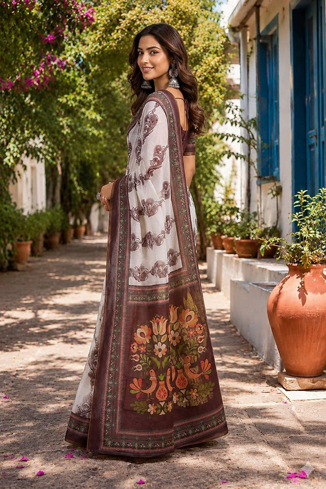 Off White Floral Printed Chanderi Cotton Ready To Wear Saree (HT1902)