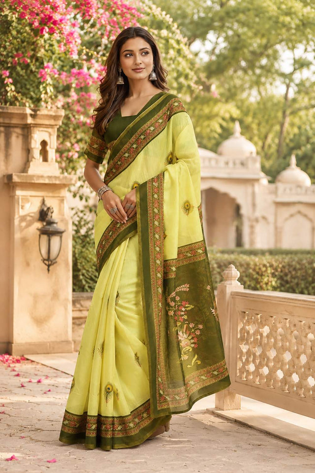 Green Printed Chanderi Cotton Ready To Wear Saree (HT1904)