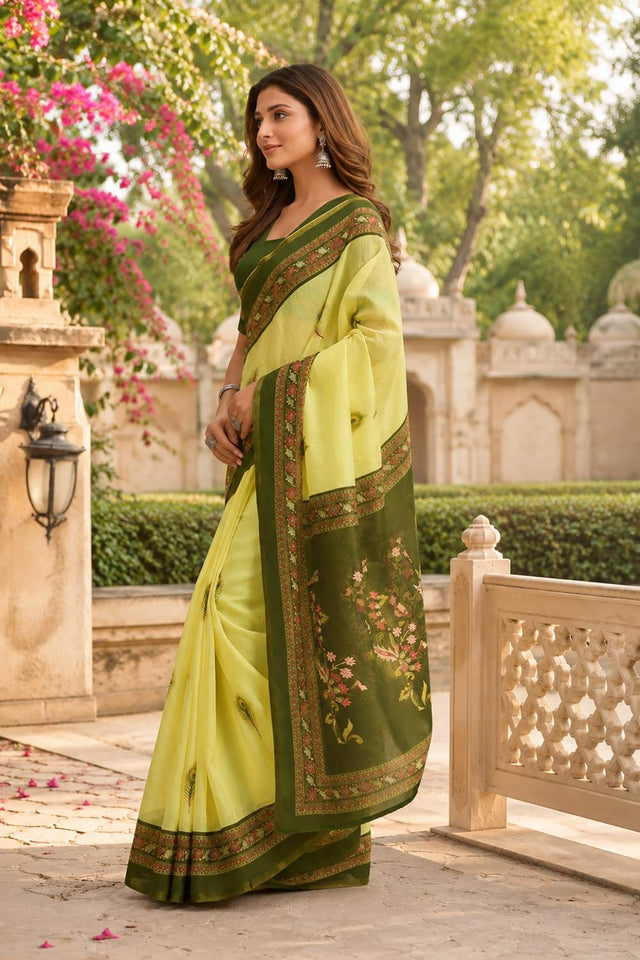 Green Printed Chanderi Cotton Ready To Wear Saree (HT1904)