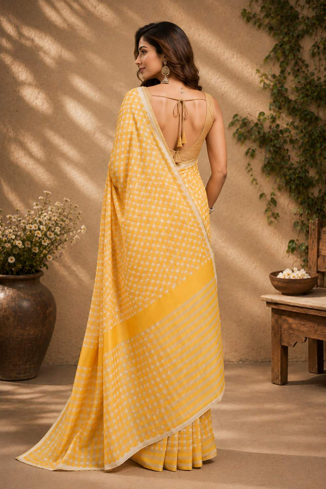 Mustard Checkered Printed Chanderi Cotton Ready To Wear Saree (HT1907)