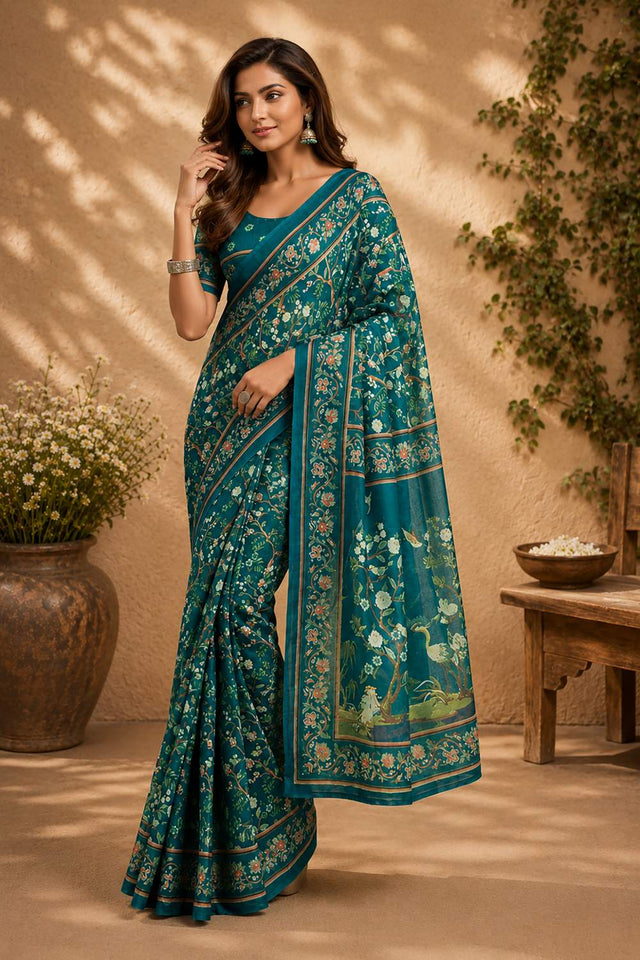 Turquoise Floral Printed Chanderi Cotton Ready To Wear Saree (HT1908)