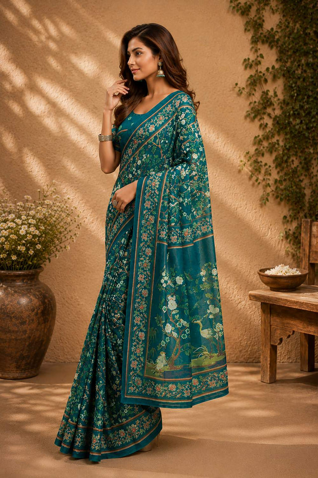 Turquoise Floral Printed Chanderi Cotton Ready To Wear Saree (HT1908)