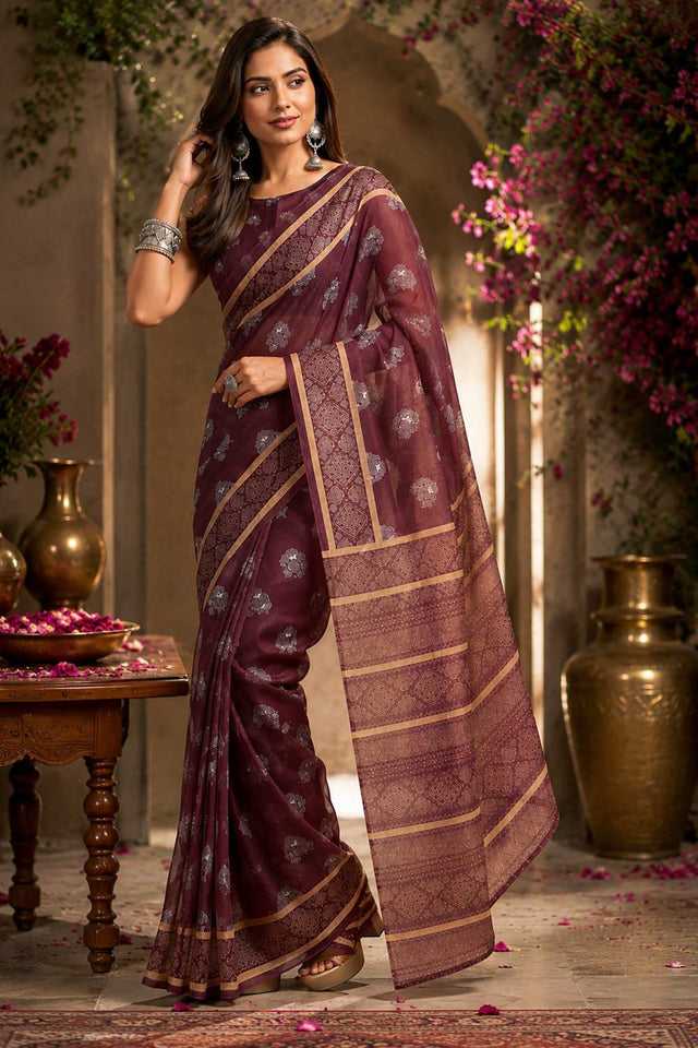 Maroon Printed Chanderi Cotton Ready To Wear Saree (HT1910)
