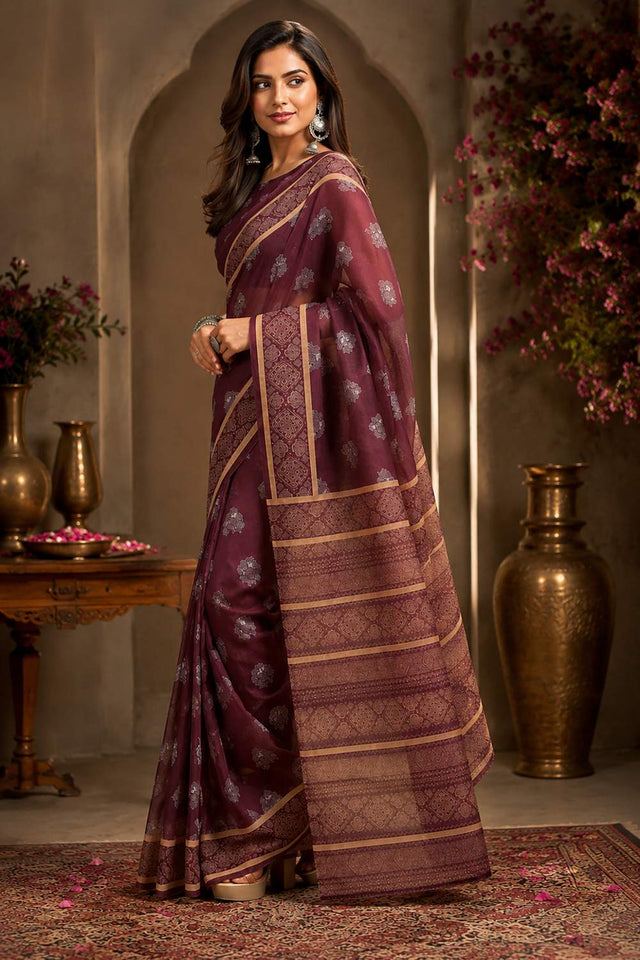 Maroon Printed Chanderi Cotton Ready To Wear Saree (HT1910)