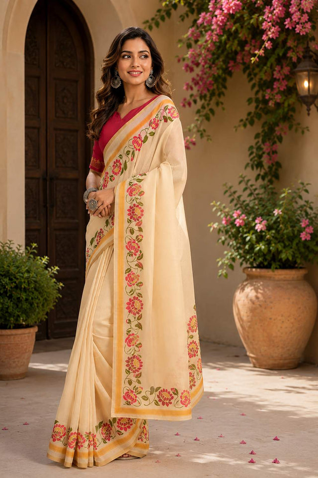 Cream Solid Chanderi Cotton Ready To Wear Saree (HT1911)