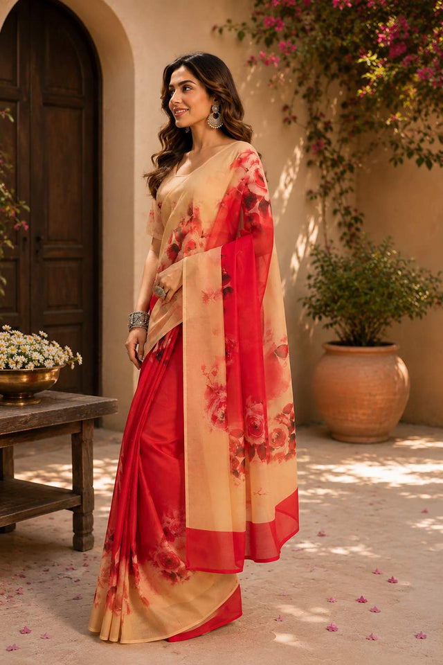 Multi Color Floral Printed Chanderi Cotton Ready To Wear Saree (HT1912)