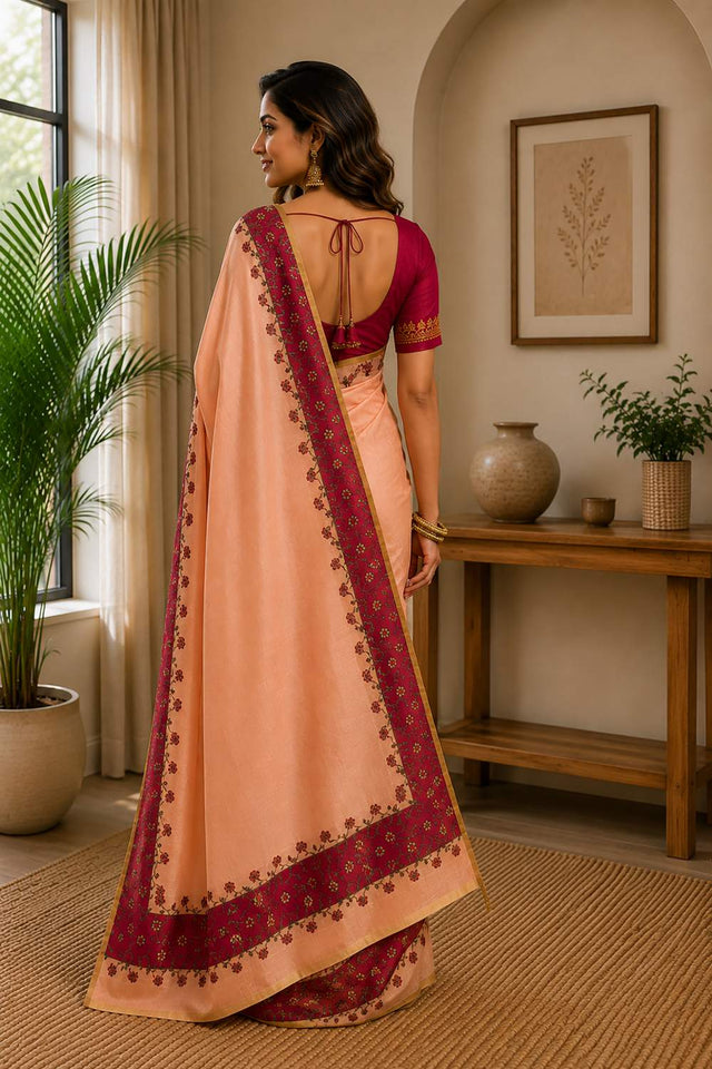Peach Printed Chanderi Cotton Ready To Wear Saree (HT1916)