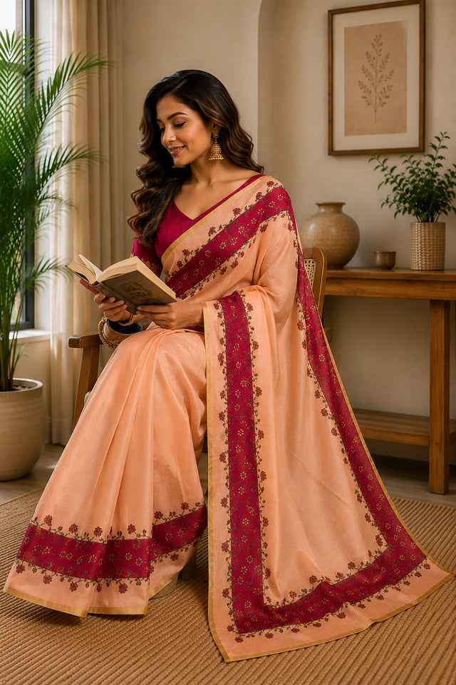 Peach Printed Chanderi Cotton Ready To Wear Saree (HT1916)