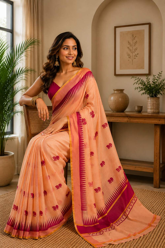 Orange Floral Printed Chanderi Cotton Ready To Wear Saree (HT1917)