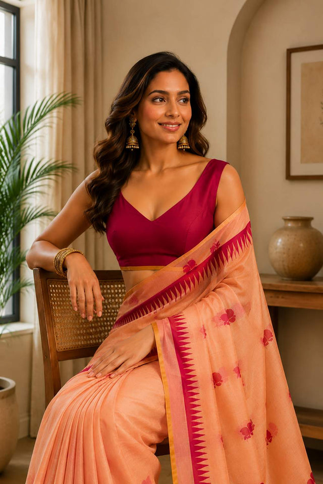 Orange Floral Printed Chanderi Cotton Ready To Wear Saree (HT1917)
