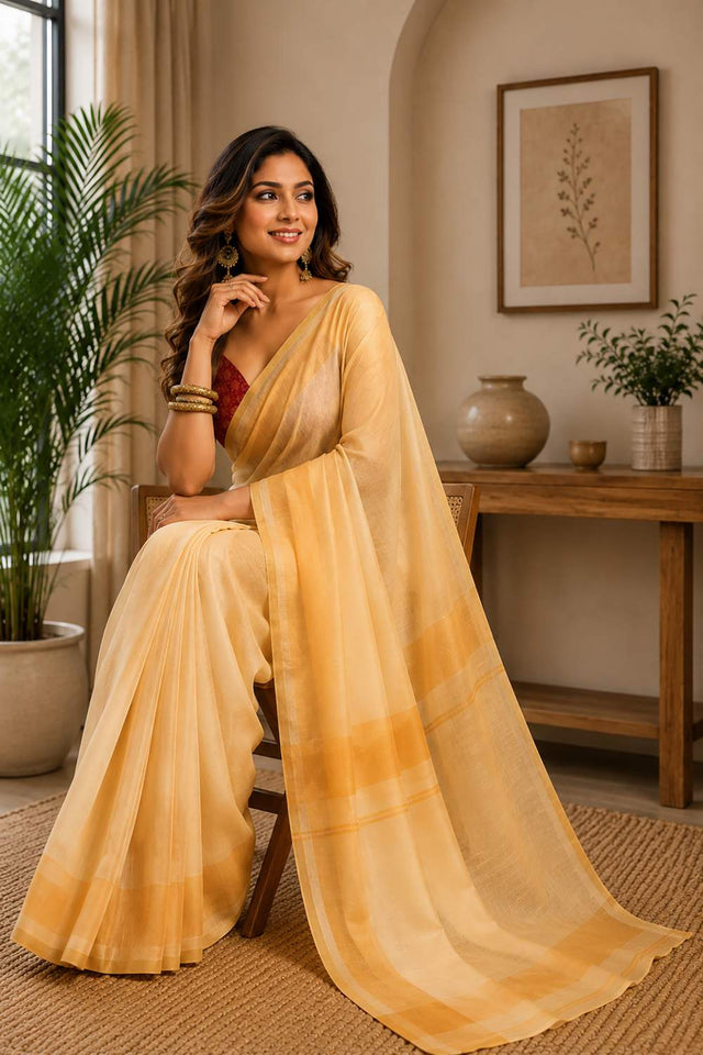 Yellow Solid Chanderi Cotton Ready To Wear Saree (HT1918)