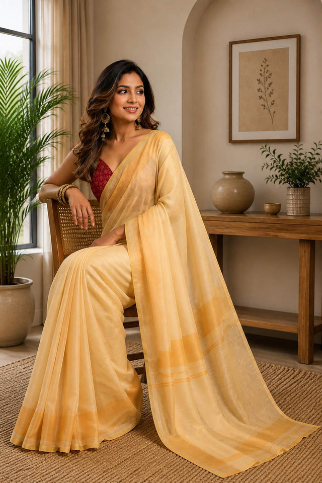 Yellow Solid Chanderi Cotton Ready To Wear Saree (HT1918)