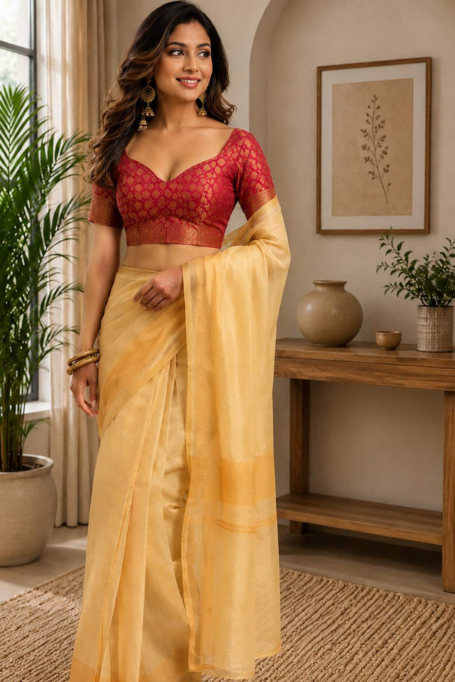 Yellow Solid Chanderi Cotton Ready To Wear Saree (HT1918)