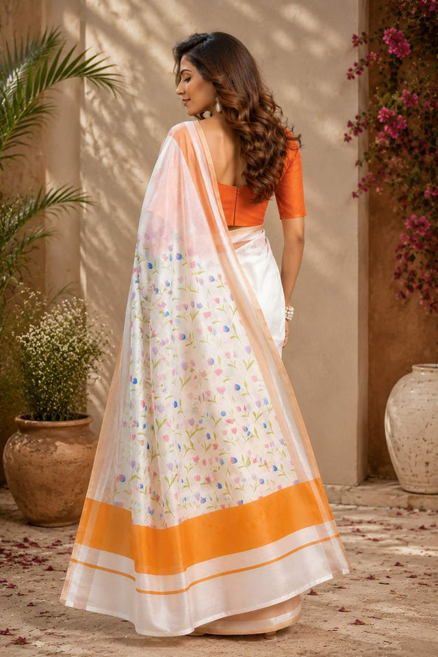 White Floral Printed Chanderi Cotton Ready To Wear Saree (HT1920)