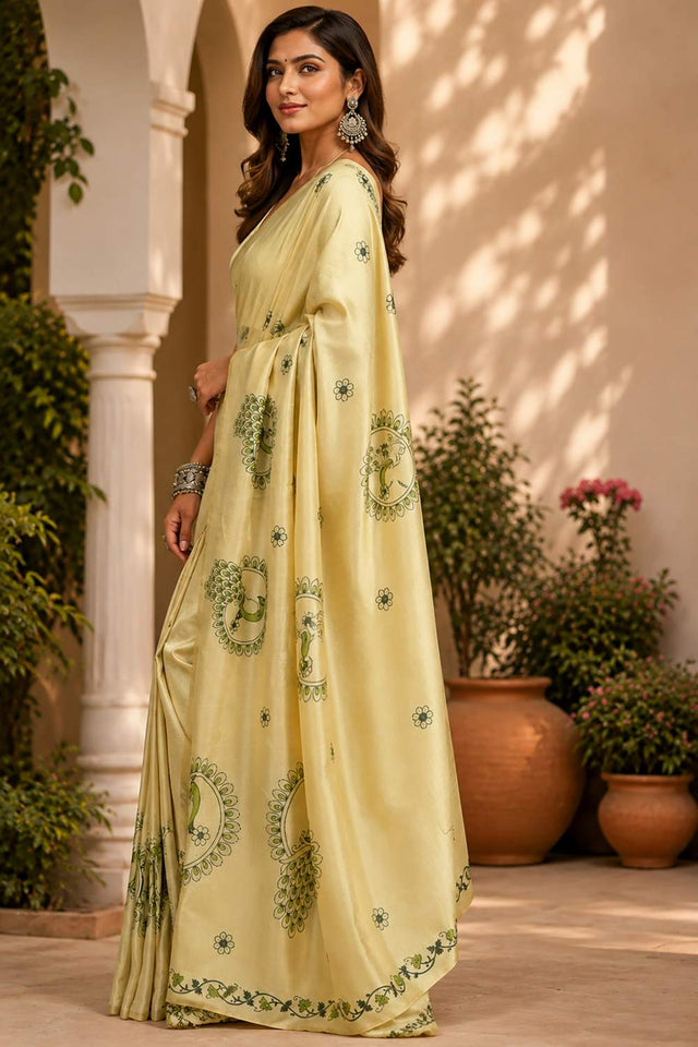 Cream Printed Chanderi Cotton Ready To Wear Saree (HT2001)