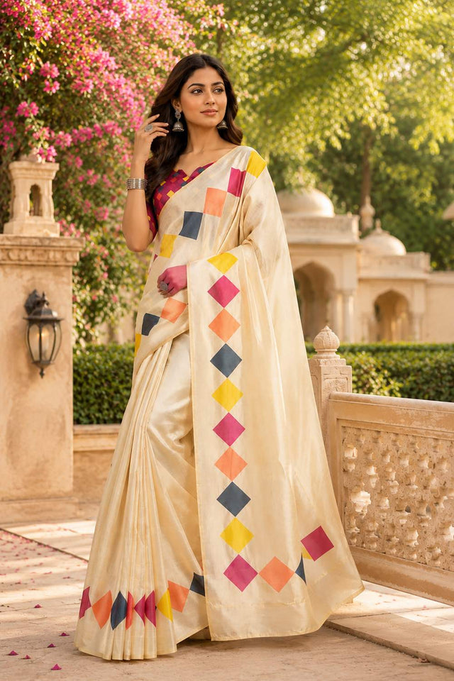 Cream Solid Chanderi Cotton Ready To Wear Saree (HT2003)