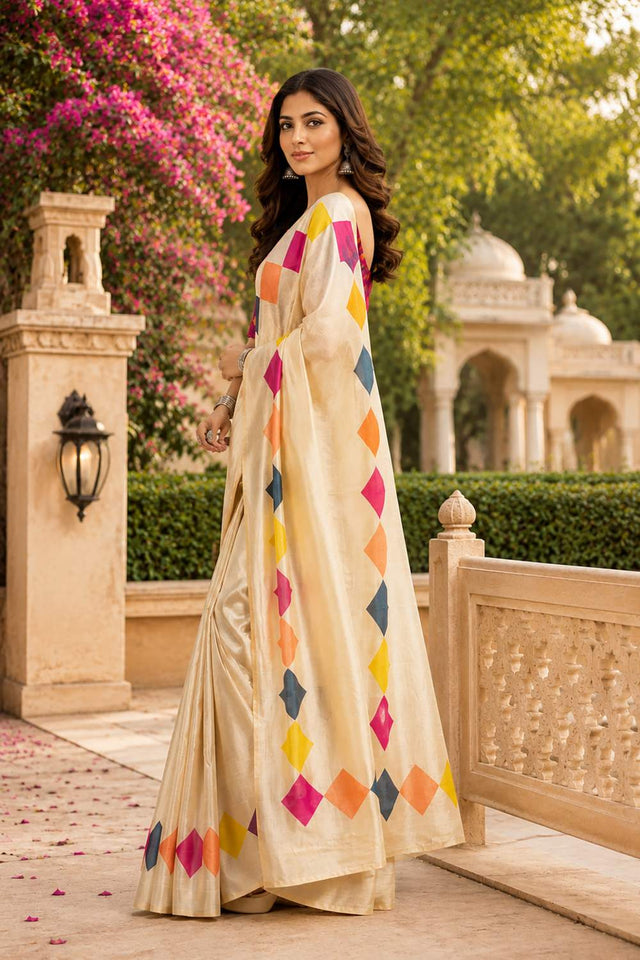 Cream Solid Chanderi Cotton Ready To Wear Saree (HT2003)