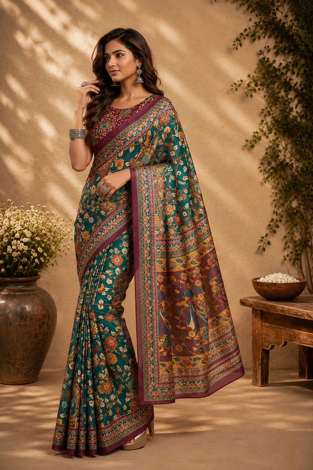 Green Floral Printed Chanderi Cotton Ready To Wear Saree (HT2004)