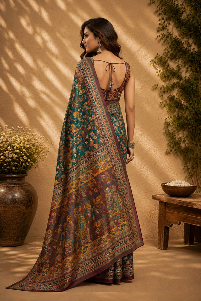 Green Floral Printed Chanderi Cotton Ready To Wear Saree (HT2004)