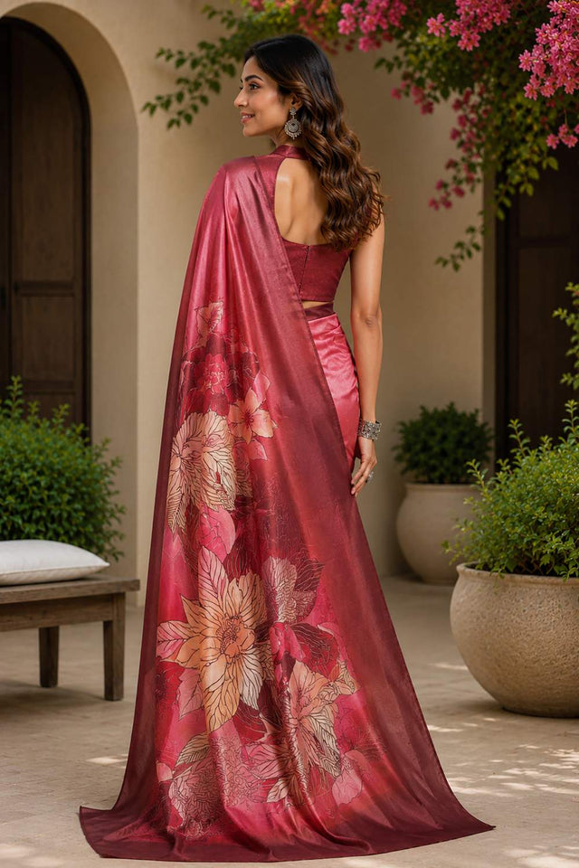 Pink Floral Printed Chanderi Cotton Ready To Wear Saree (HT2006)