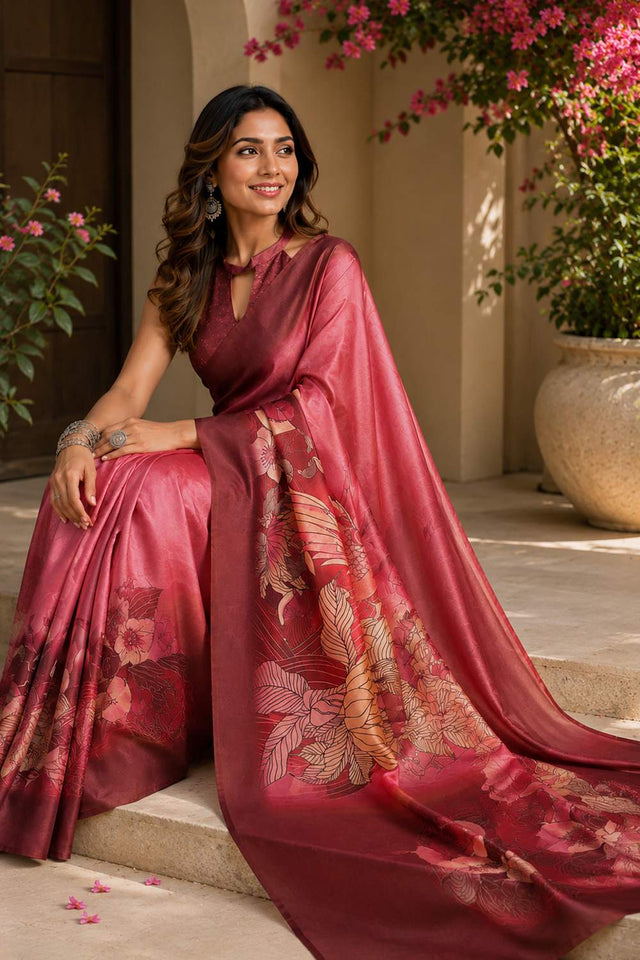 Pink Floral Printed Chanderi Cotton Ready To Wear Saree (HT2006)