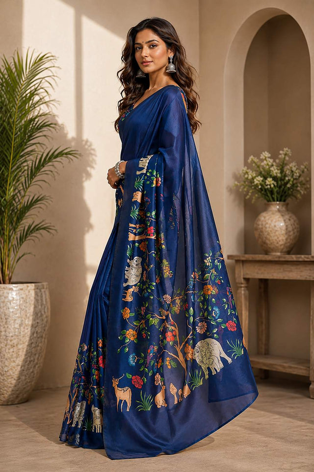 Navy Blue Kalamkari Printed Chanderi Cotton Ready To Wear Saree (HT2009)