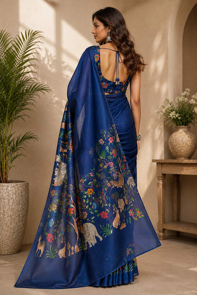 Navy Blue Kalamkari Printed Chanderi Cotton Ready To Wear Saree (HT2009)