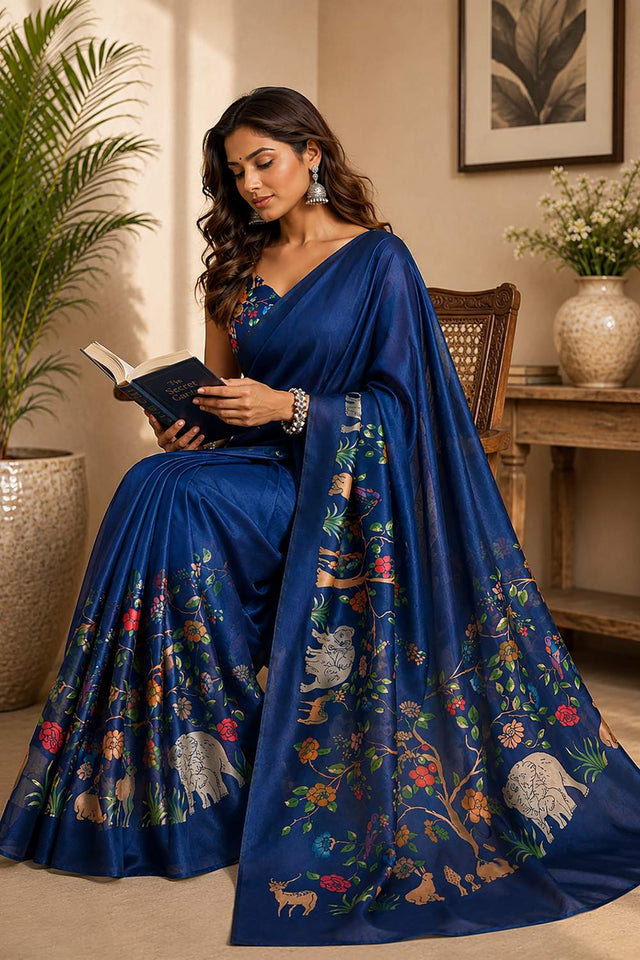 Navy Blue Kalamkari Printed Chanderi Cotton Ready To Wear Saree (HT2009)