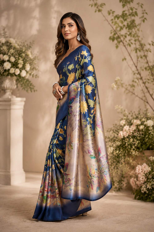 Navy Blue Floral Printed Chanderi Cotton Ready To Wear Saree (HT2010)