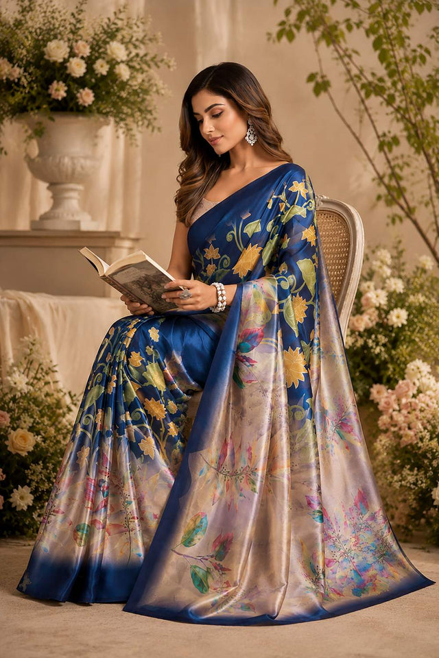 Navy Blue Floral Printed Chanderi Cotton Ready To Wear Saree (HT2010)