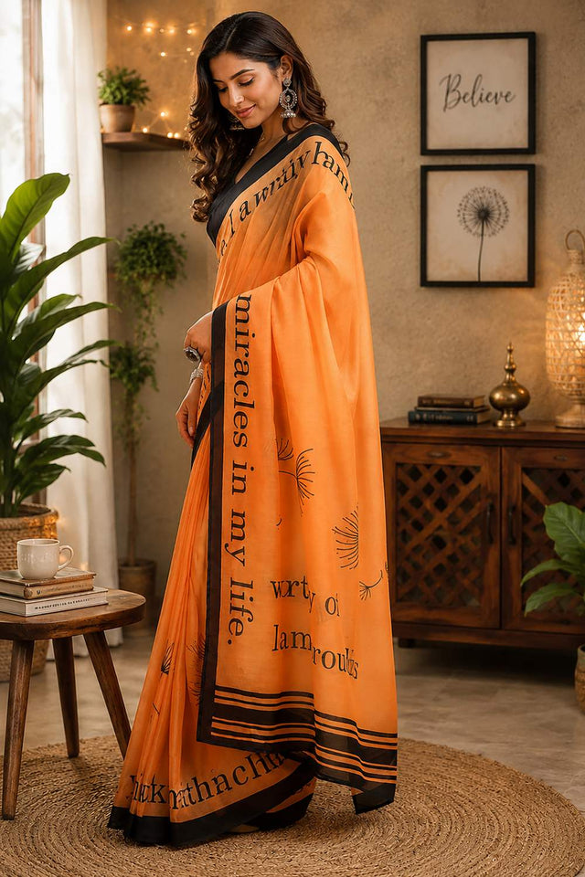 Orange Floral Printed Chanderi Cotton Ready To Wear Saree (HT2101)