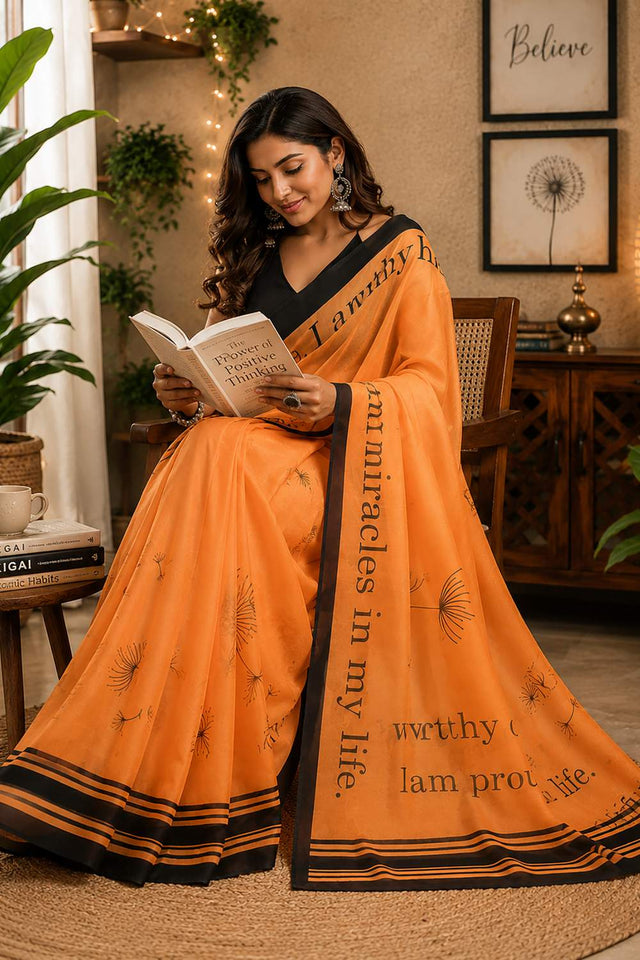 Orange Floral Printed Chanderi Cotton Ready To Wear Saree (HT2101)