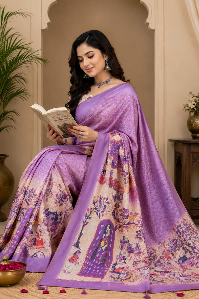 Lavender Floral Printed Chanderi Cotton Ready To Wear Saree (HT2102)