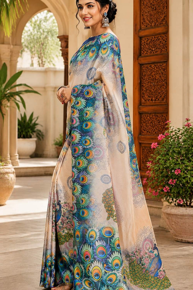 Cream Printed Chanderi Cotton Ready To Wear Saree (HT2103)