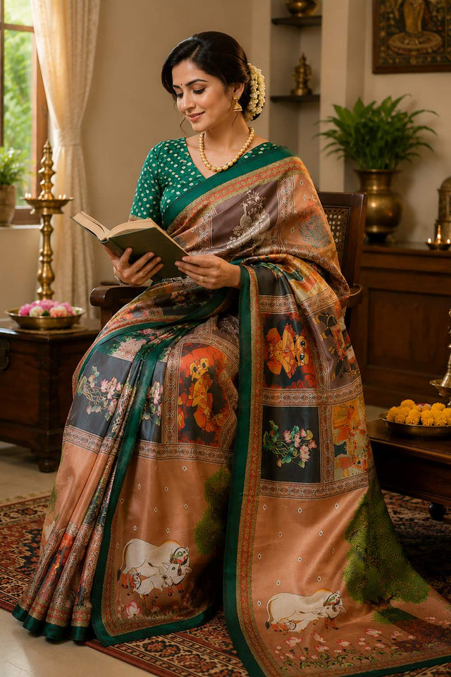 Multi Color Printed Chanderi Cotton Ready To Wear Saree (HT2104)