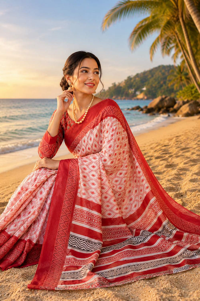 Off White Ikat Printed Chanderi Cotton Ready To Wear Saree (HT2106)