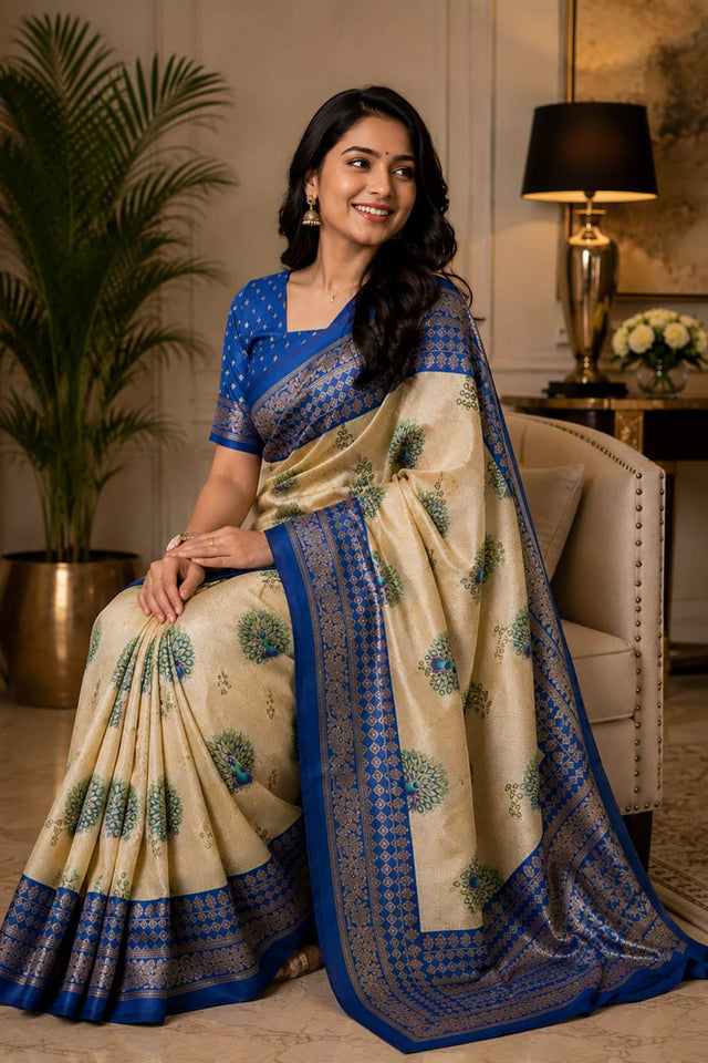 Cream Printed Chanderi Cotton Ready To Wear Saree (HT2107)