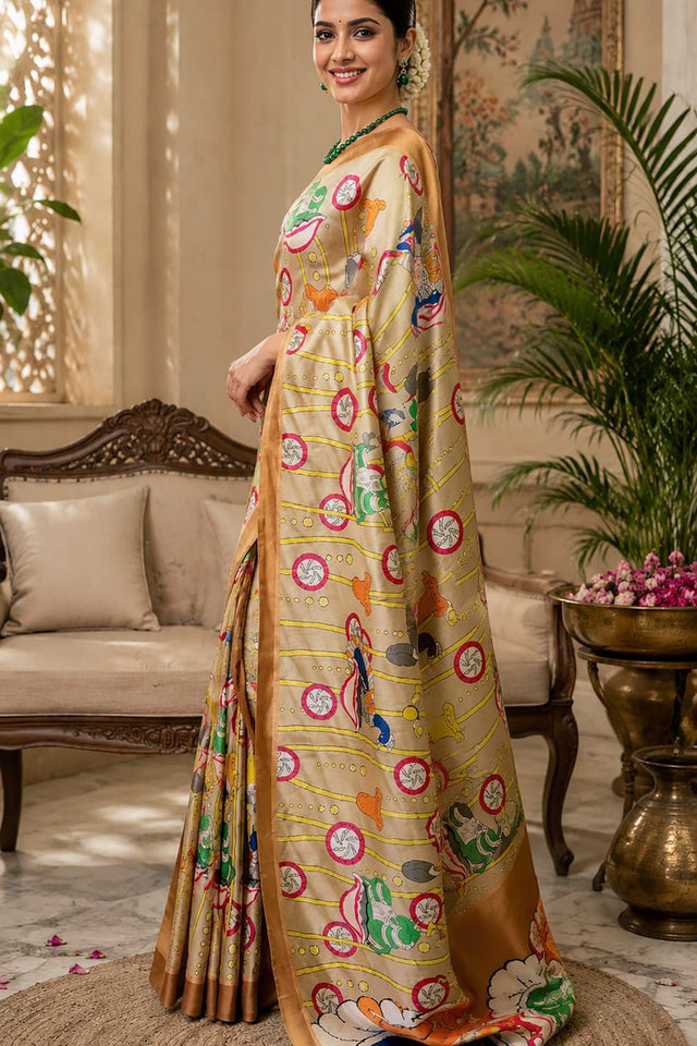 Beige Kalamkari Printed Chanderi Cotton Ready To Wear Saree (HT2108)