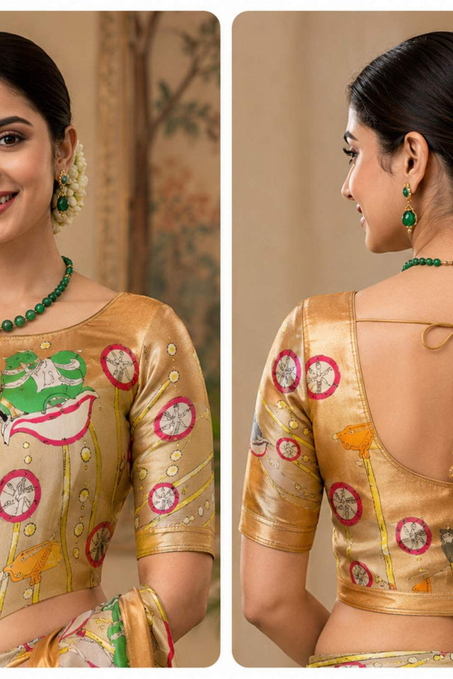 Beige Kalamkari Printed Chanderi Cotton Ready To Wear Saree (HT2108)