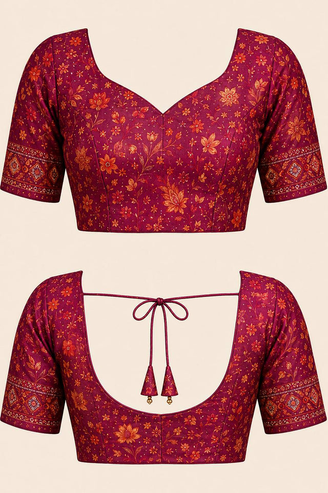 Wine Floral Printed Chanderi Cotton Ready To Wear Saree (HT2109)