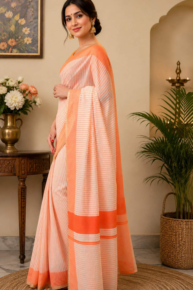 Multi Color Striped Printed Chanderi Cotton Ready To Wear Saree (HT2110)