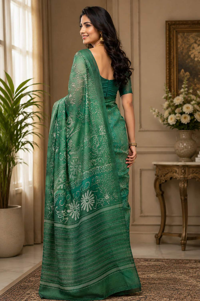 Green Printed Chanderi Cotton Ready To Wear Saree (HT2112)