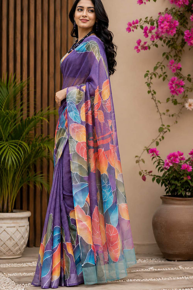Purple Printed Chanderi Cotton Ready To Wear Saree (HT2113)