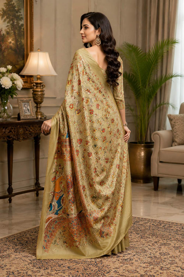Cream Kalamkari Printed Chanderi Cotton Ready To Wear Saree (HT2115)