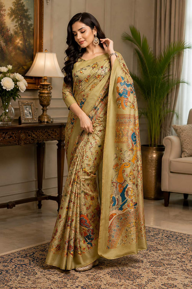 Cream Kalamkari Printed Chanderi Cotton Ready To Wear Saree (HT2115)
