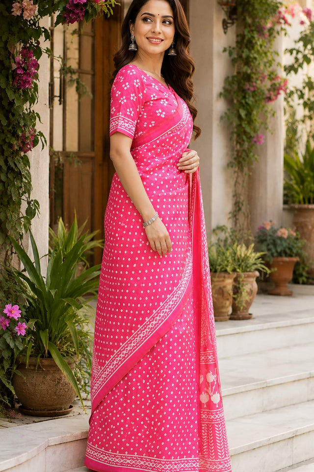 Light Pink Bandhani Printed Chanderi Cotton Ready To Wear Saree (HT2116)