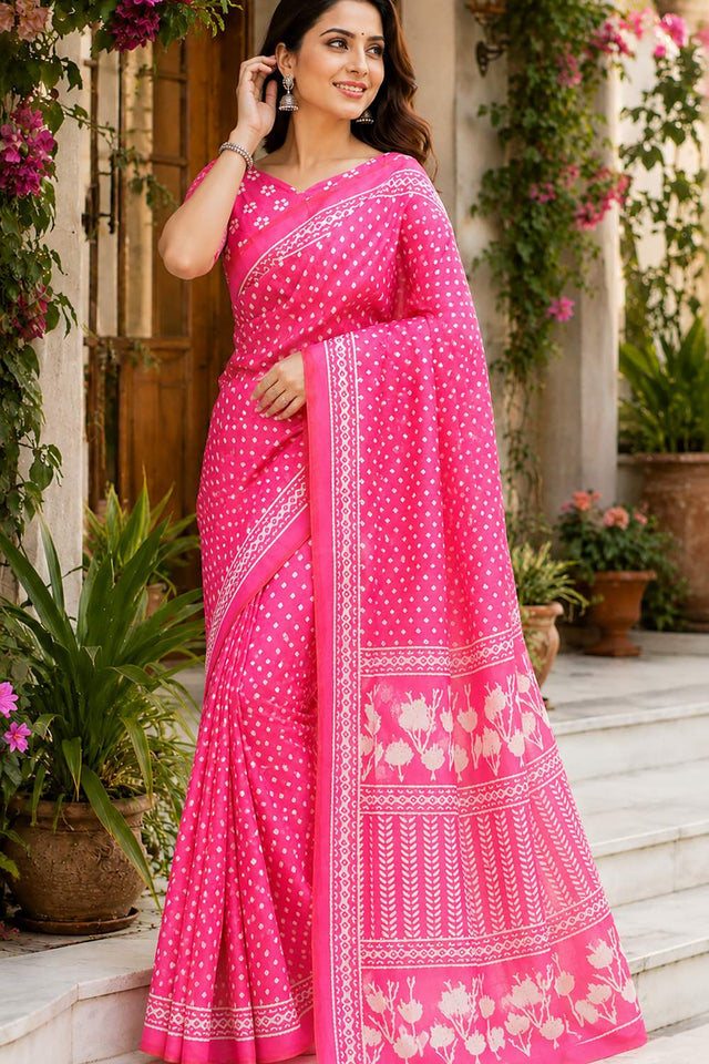 Light Pink Bandhani Printed Chanderi Cotton Ready To Wear Saree (HT2116)