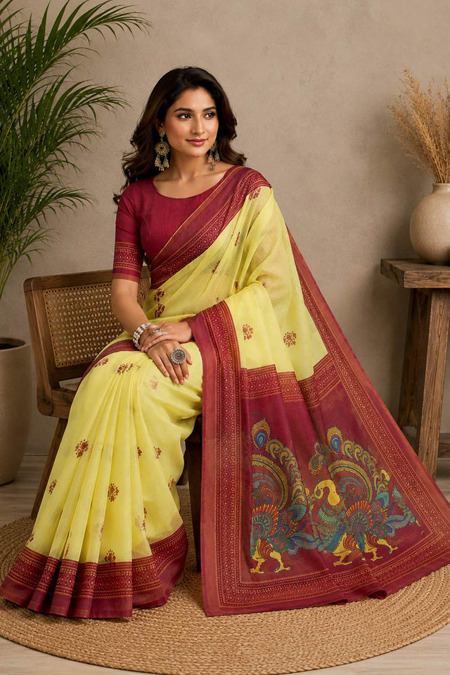 Yellow Printed Chanderi Cotton Ready To Wear Saree (HT2119)