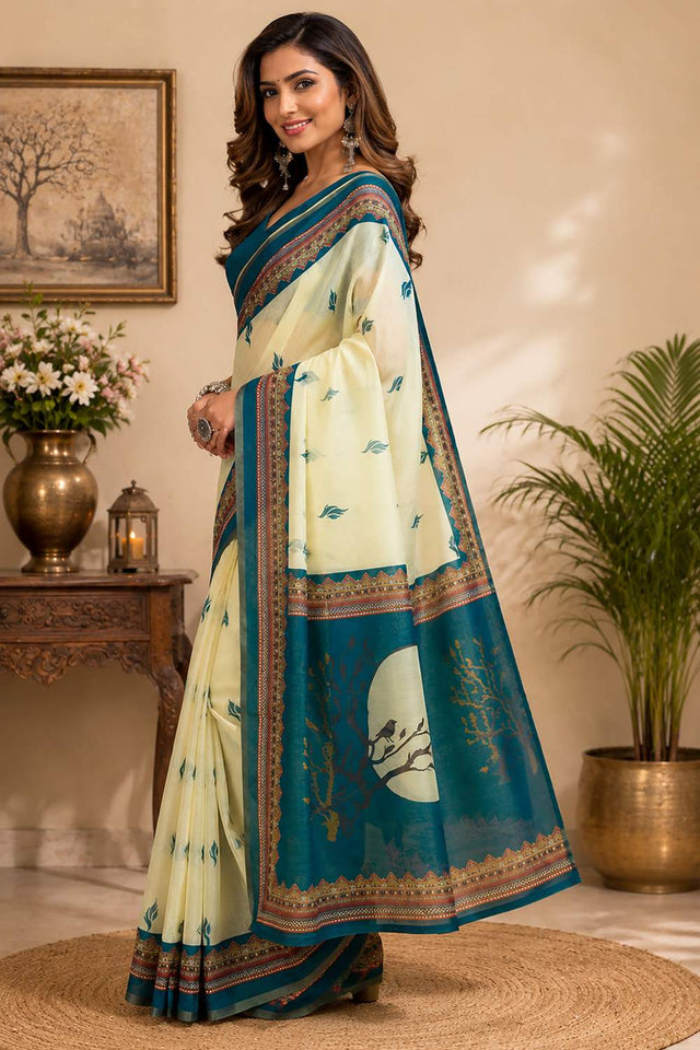 Cream Ajrakh Printed Chanderi Cotton Ready To Wear Saree (HT2121)