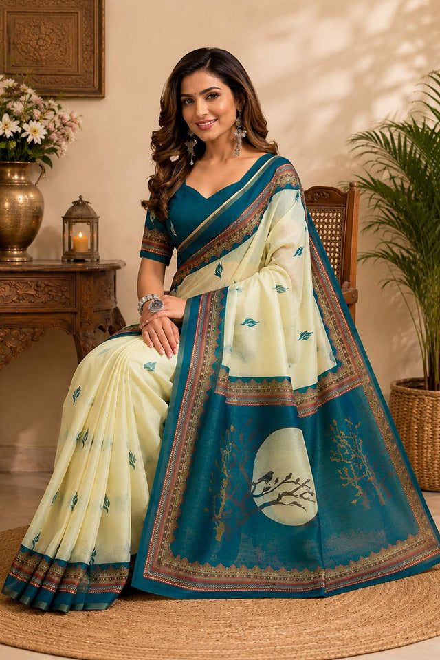 Cream Ajrakh Printed Chanderi Cotton Ready To Wear Saree (HT2121)